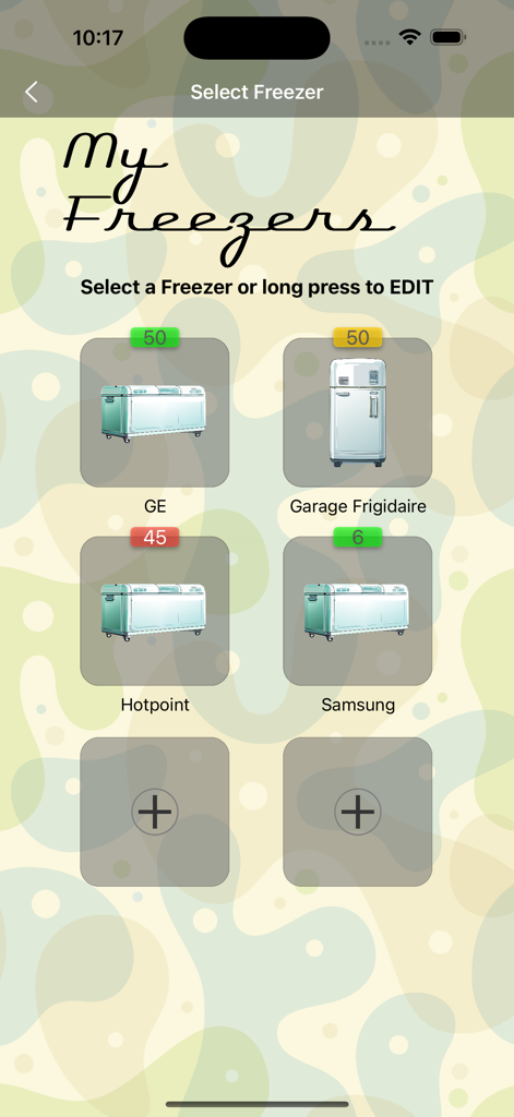 Visual Freezer Inventory - Panel de la aplicación Visual Freezer Inventory mostrando una lista de congeladores gestionados con recuentos de artículos y etiquetas de estado codificadas por color.