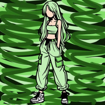 girl in baggy pants crop top and long hair