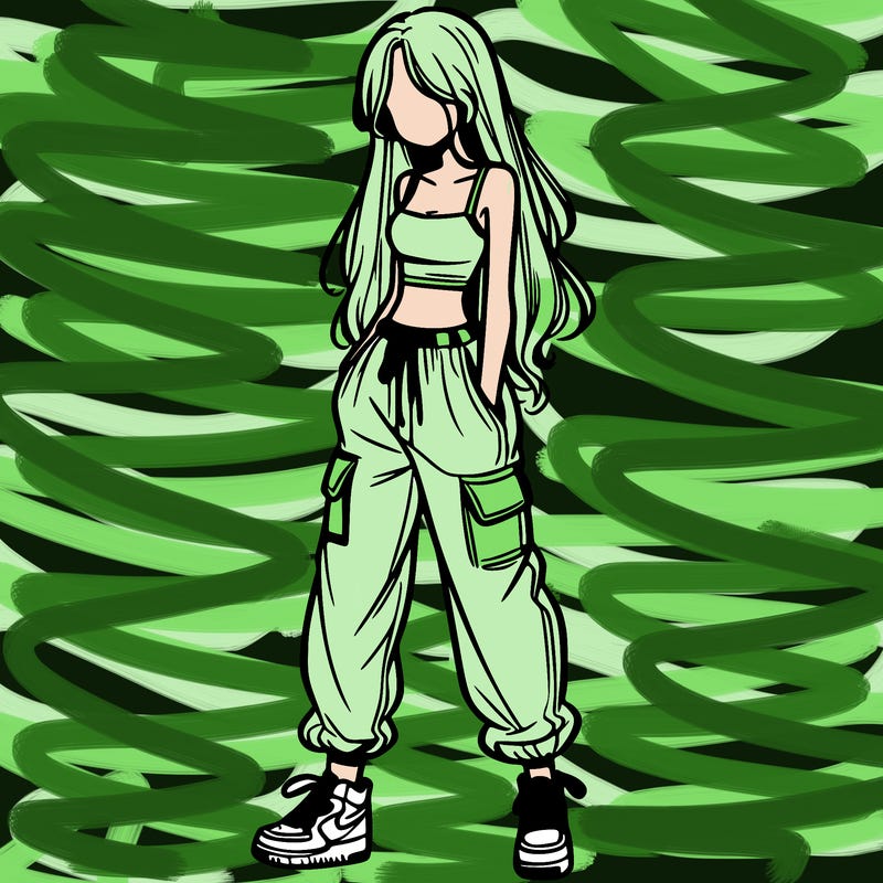 girl in baggy pants crop top and long hair