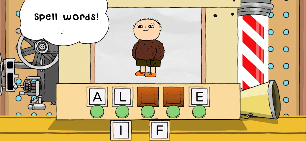 Alfie Atkins character in a word spelling machine game with letter tiles