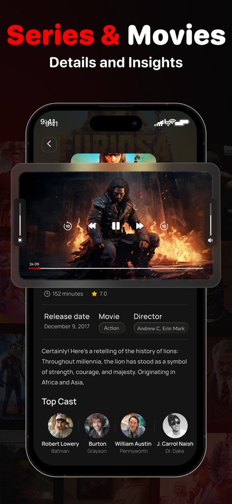 IPTV Smarters app displaying movie details and cast list