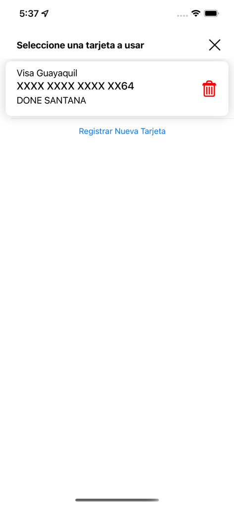 Un Taxi - Bildschirm der mobilen App zur Auswahl oder Registrierung einer Kreditkarte für Taxizahlungen.