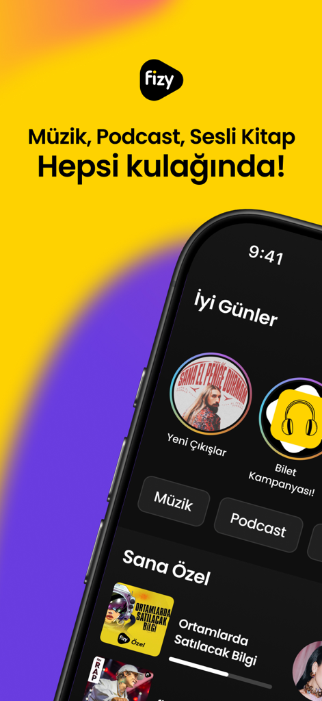 fizy – Music & Podcast - Pantalla del iPhone que muestra la página de inicio de la aplicación fizy con contenido de música y podcasts turcos
