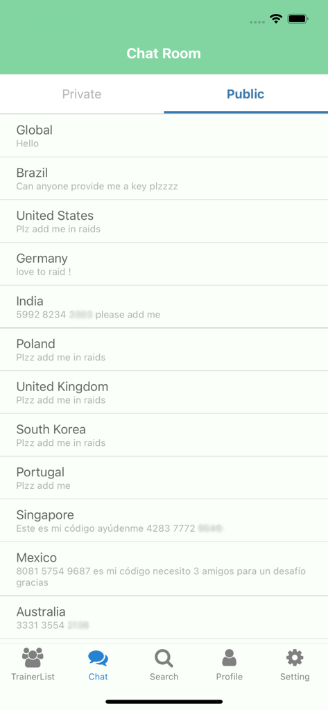 Öffentliche Chatraum-Oberfläche in der Poke Friends App mit Kanälen für verschiedene Länder zur Koordination von Raids und zum Austausch von Trainercodes