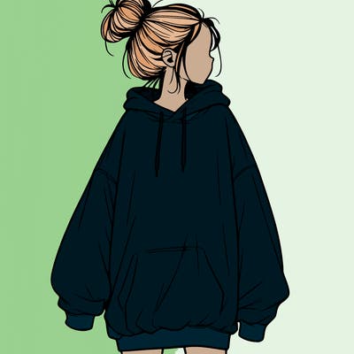 realistic girl with a oversized sweatshirt on and a bun
