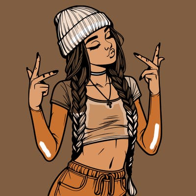 realistic teenage girl with braids and a beanie and crop top doing 🫶🏼