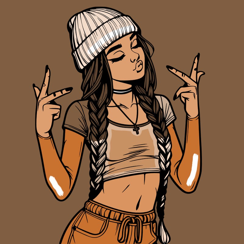realistic teenage girl with braids and a beanie and crop top doing 🫶🏼