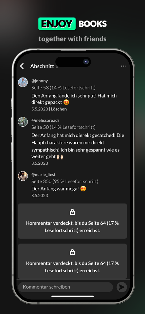 READO - All About Books - A smartphone showing the READO app BuddyReads interface with a social chat where friends share reading progress and comments on a book.