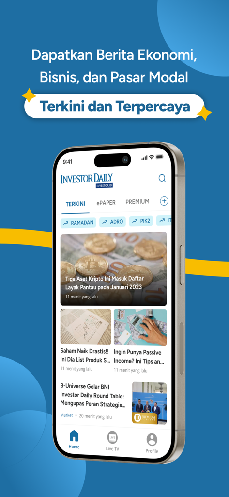 Pantalla de inicio de la aplicación móvil Investor Daily mostrando titulares de noticias económicas y empresariales en un smartphone
