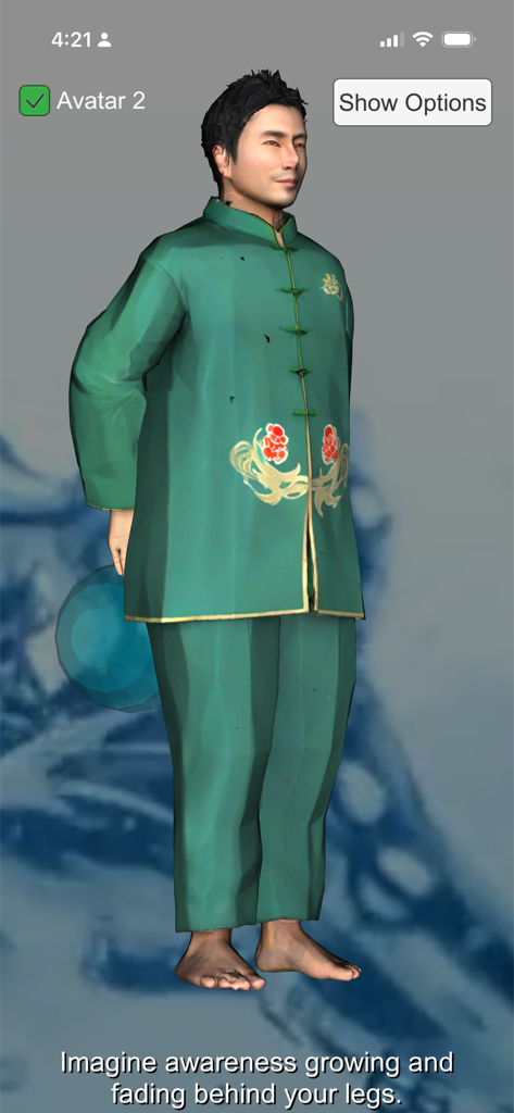 A 3D avatar in traditional green clothing performing a Tai Chi awareness exercise with a blue orb.