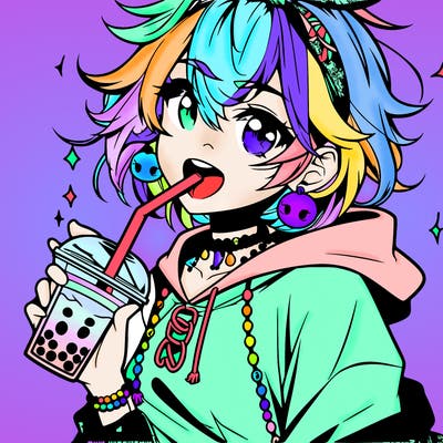 hot baddie anime girl drinking boba and biting the straw