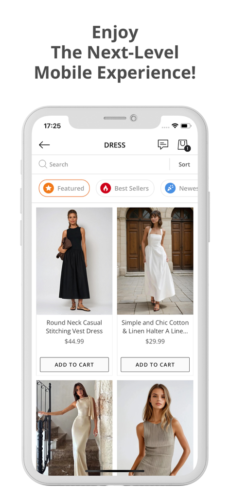 La Femme Wanderer - Mobile app interface of La Femme Wanderer showing a curated selection of elegant women dresses with filter options and prices