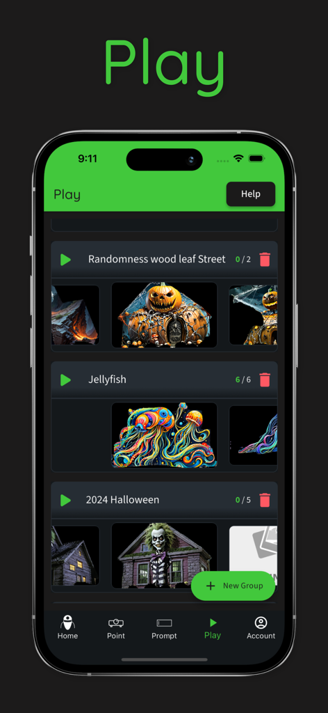 illumibot - A mobile app interface titled Play showing categorized digital art groups like Jellyfish and Halloween for smart projector integration.