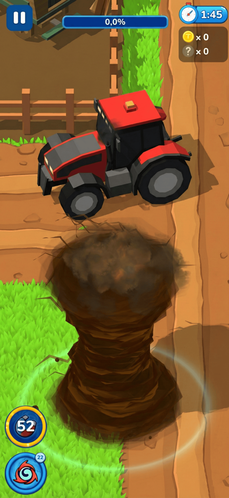 A brown tornado in a 3D io game about to swallow a red tractor on a farm