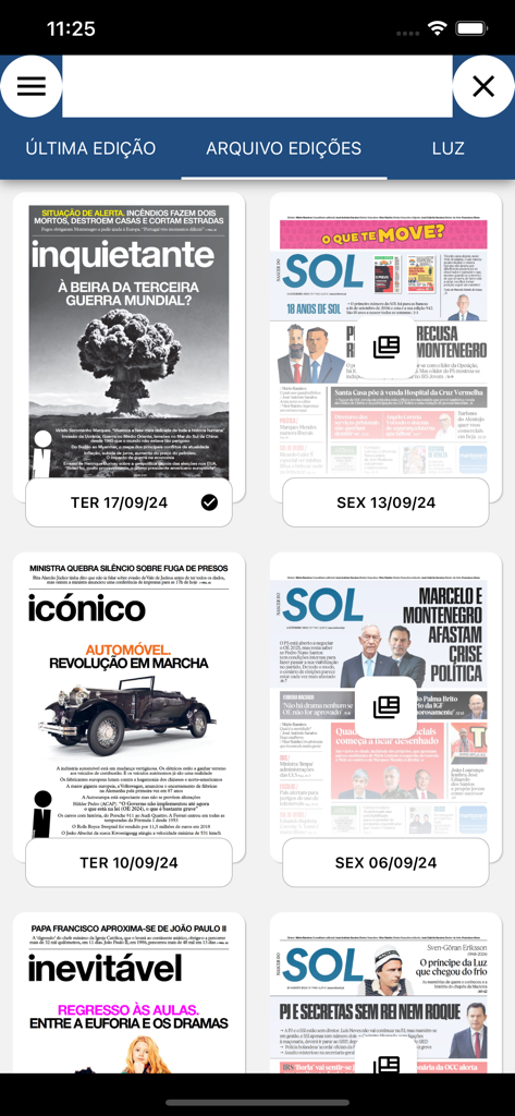 Newsplex Digital - SOL과 Jornal i 포르투갈 신문의 다양한 판을 보여주는 디지털 아카이브 화면.