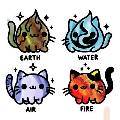 4 cats that represent the different elements, earth, water, air, and fire