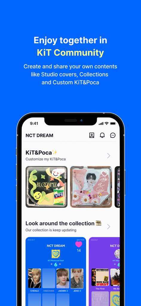 KiTplayer - Interface do aplicativo KiTplayer mostrando a seção Comunidade KiT com coleções de artistas e photocards personalizados