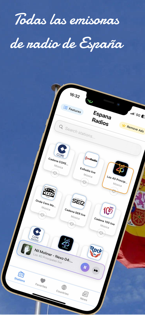 Radios Españolas en directo - Pantalla de smartphone mostrando varias estaciones de radio españolas en directo en la app Radios Espanolas