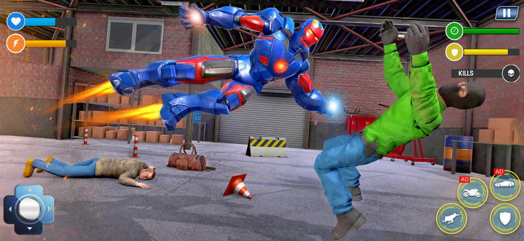 A blue and red superhero robot attacking a gangster in a warehouse