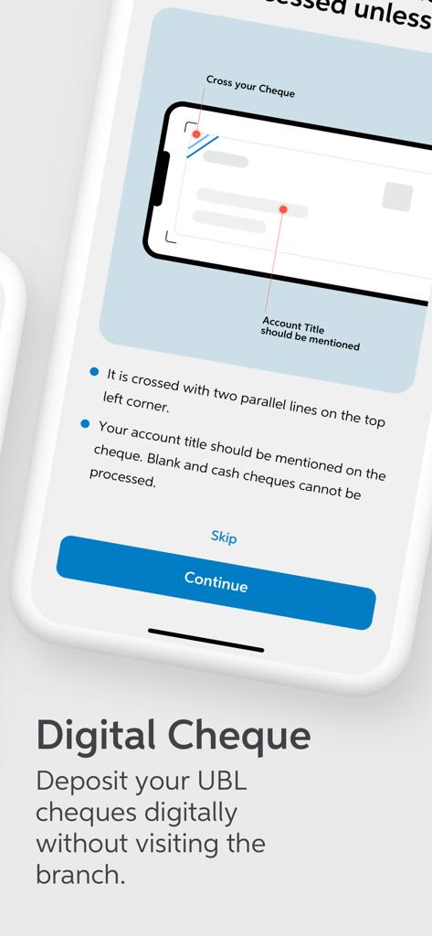 UBL Digital - Safe Banking - Écran d'instructions pour déposer des chèques UBL numériquement via l'application mobile