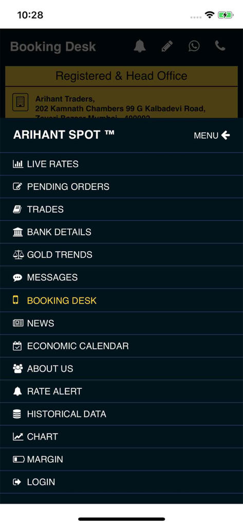 Arihant Spot - Navigation menu of the Arihant Spot mobile app listing trading features like live rates and gold trends