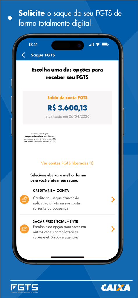 FGTS - FGTS mobile app interface displaying account balance and digital withdrawal options