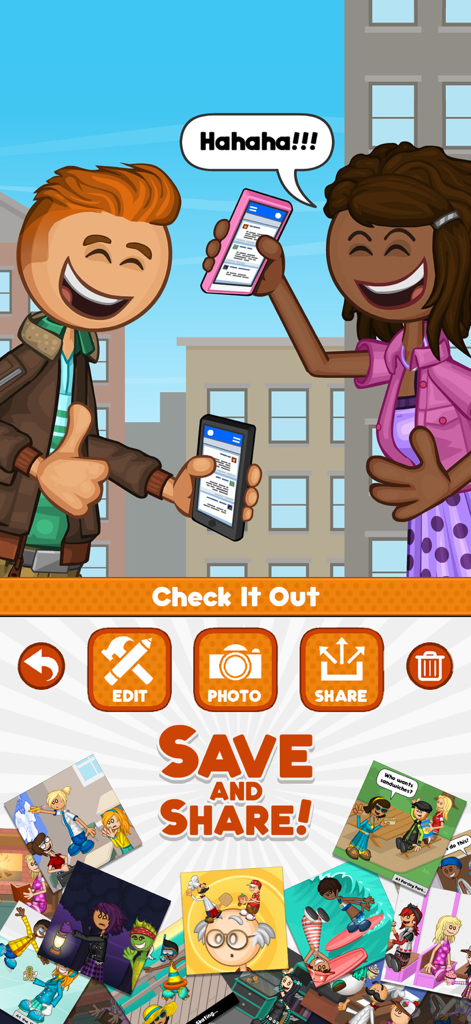 Papa Louie Pals - Two characters laughing while sharing their custom scenes in the Papa Louie Pals app