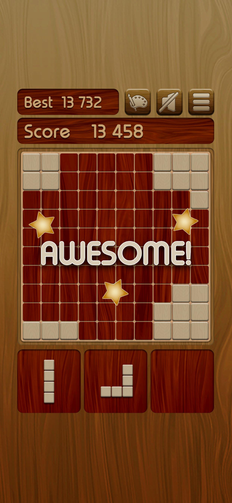 Captura de pantalla del juego Woody Block Puzzle mostrando una cuadrícula de 10x10 con bloques de madera y un mensaje de '¡Impresionante!' después de despejar líneas