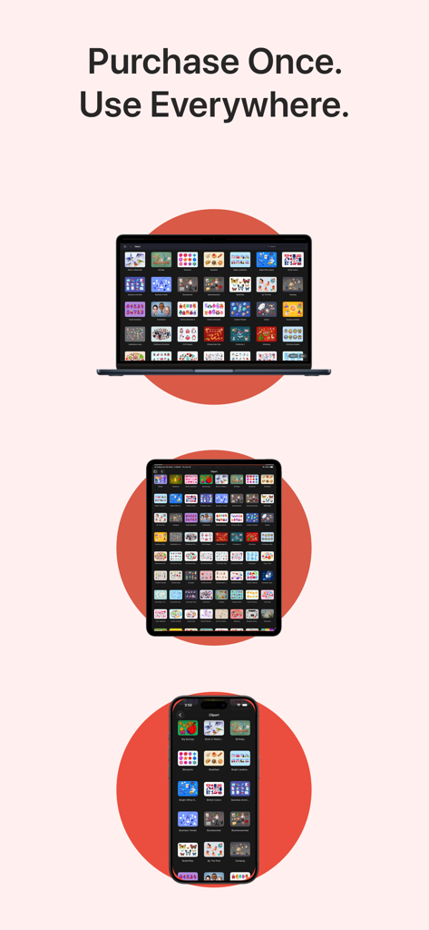 Interfaz de la aplicación Toolbox for iWork mostrada en un MacBook, iPad y iPhone, ilustrando el soporte multidispositivo.