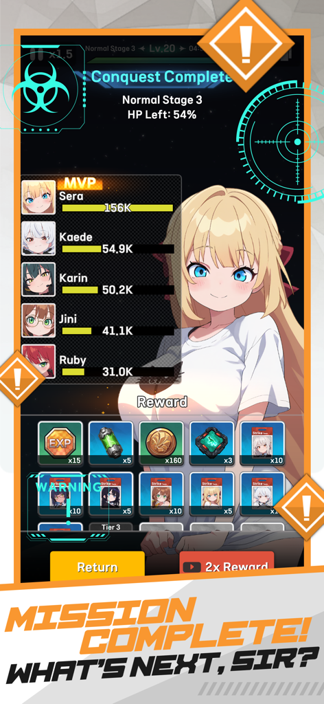 E.D.E.N : The Last Line - Conquest complete screen in EDEN The Last Line showing mission rewards and the MVP character Sera