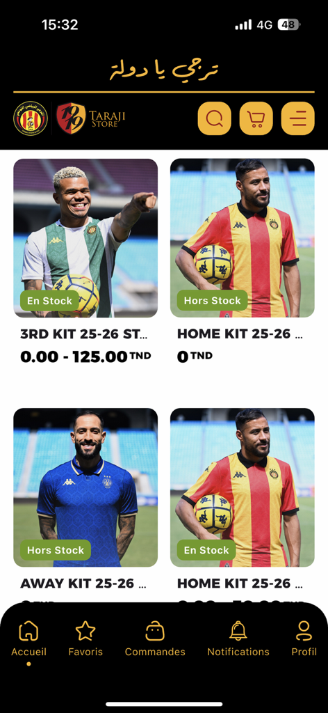 Application mobile Taraji Store affichant un catalogue de maillots et de kits de football officiels