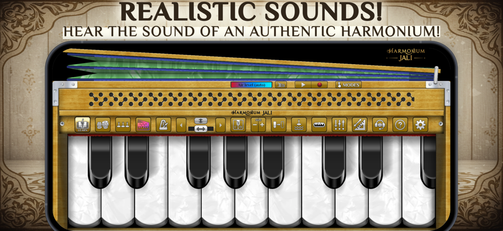 Harmonium Jali - Interfaz de la aplicación móvil Harmonium Jali mostrando un teclado de armonio virtual realista y fuelles