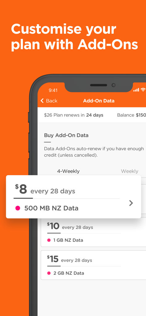 Skinny Mobile - Interface of the Skinny Mobile app showing data add-on options and pricing for New Zealand users.