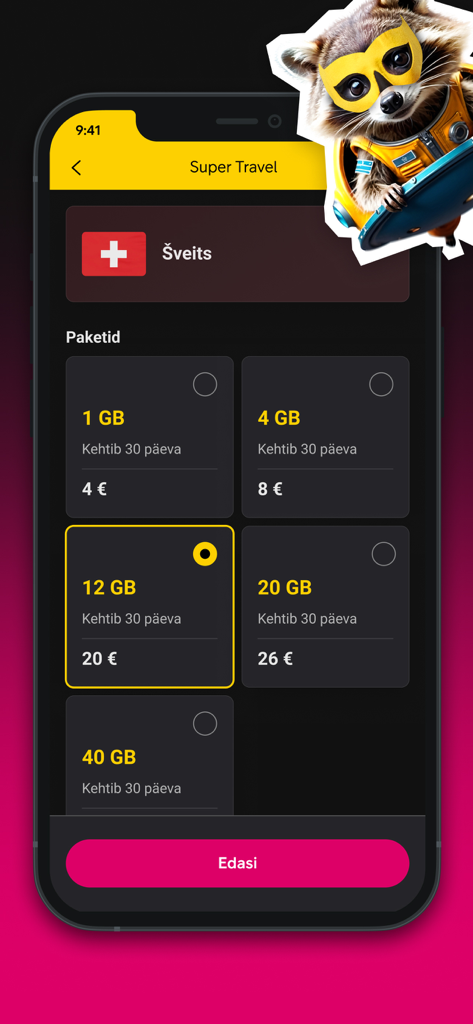 Mobile App-Oberfläche mit verschiedenen Prepaid-Datenpaketen für Reisen in der Schweiz.