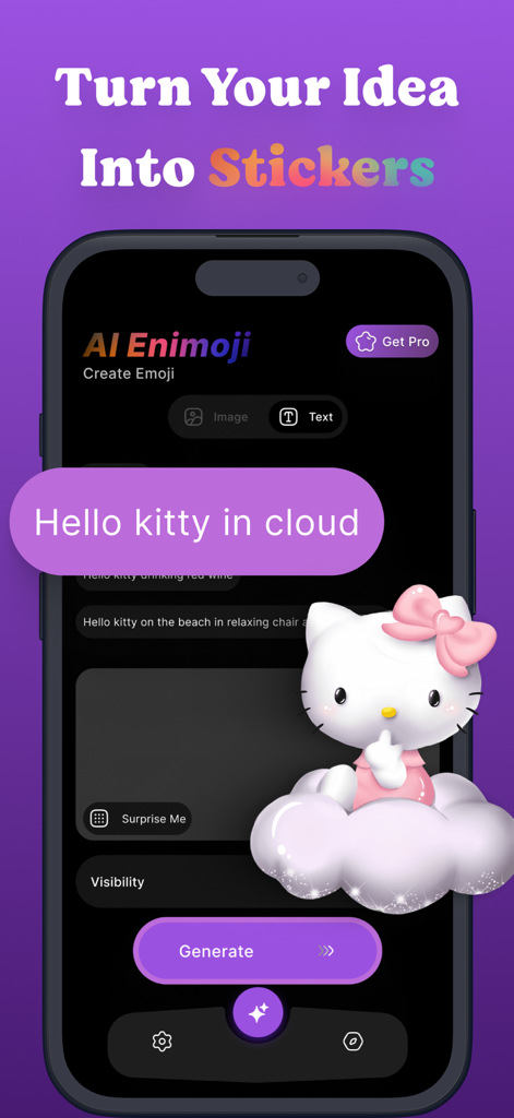 Ai Emojis - Ai Emoji Generator - AI emoji generator app showing a hello kitty sticker created from a text prompt