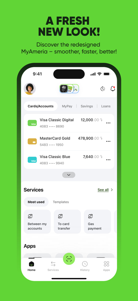 My Ameria - My Ameria mobile app interface showing bank card balances and financial services like money transfers and utility payments.