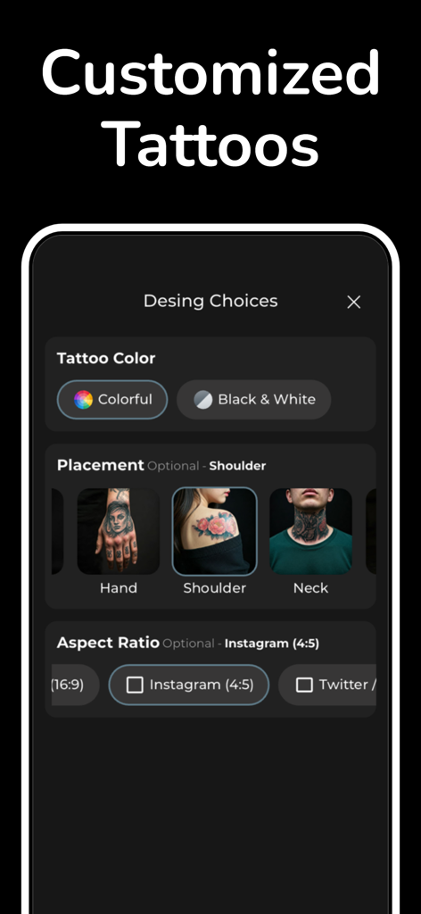 Tattoo AI - Design & Generator - Pantalla de la aplicación que muestra opciones de personalización para el color del tatuaje, la ubicación en el cuerpo y la relación de aspecto