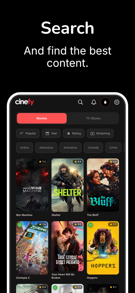 Cinefy - Where to Watch - Interface do aplicativo Cinefy mostrando resultados de pesquisa de filmes com filtros de categoria e avaliações