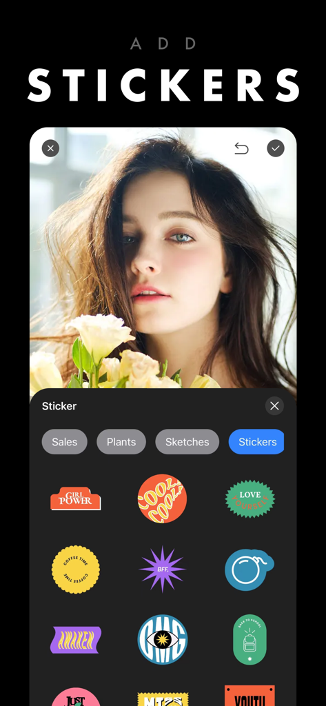 Remove Bg - Background Eraser - Una pantalla de aplicación de edición de fotos que muestra varias opciones de stickers para personalizar imágenes para redes sociales.