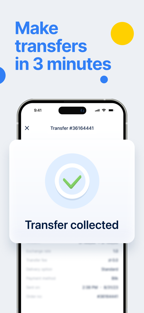 Interface mobile TransferGo montrant une confirmation de transfert d'argent réussi avec un message indiquant que le transfert a été encaissé