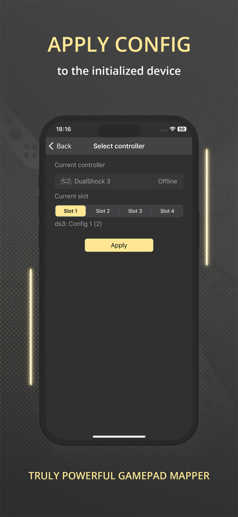 ゲーム用周辺機器のコントローラー選択と設定適用を表示するreWASD Mobileアプリのインターフェイス