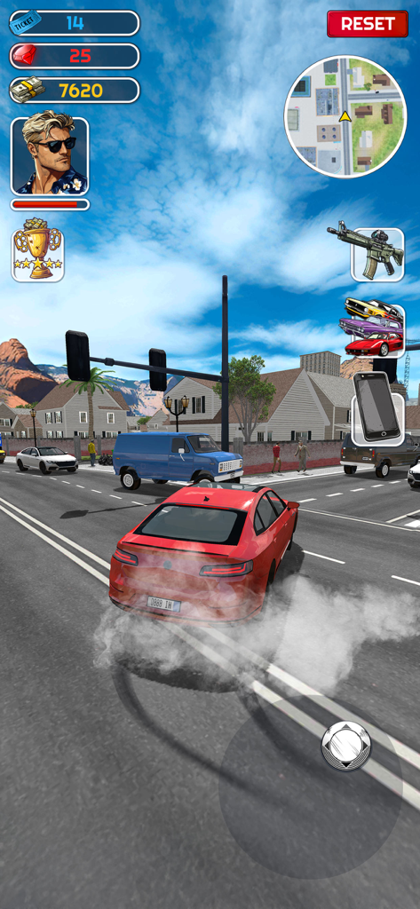 A red sports car drifting on a city street in the mobile game Gangster Life, showing the UI with currency, weapons, and a mini-map.