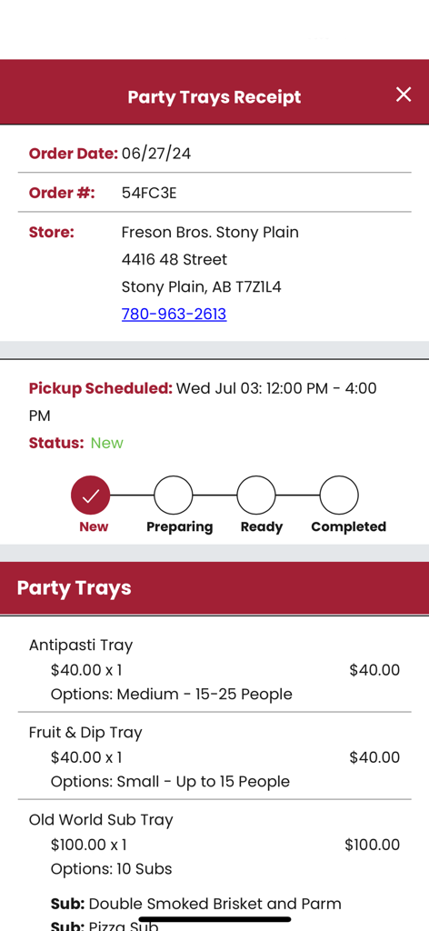 Freson Bros. - Freson Bros mobile app showing a party tray order receipt and pickup status tracking