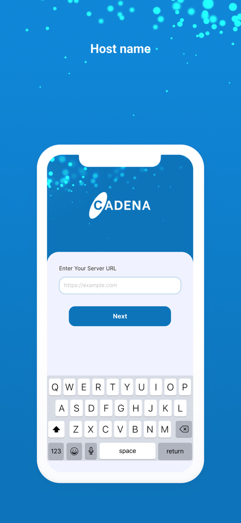 Cadena HRM - Cadena HRM app screen for entering the server URL with an open keyboard
