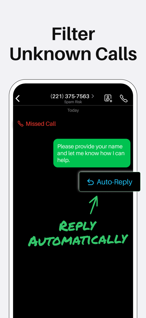 Sideline - Private 2nd Line - Sideline app screen showing a missed call filter and an automated text reply message