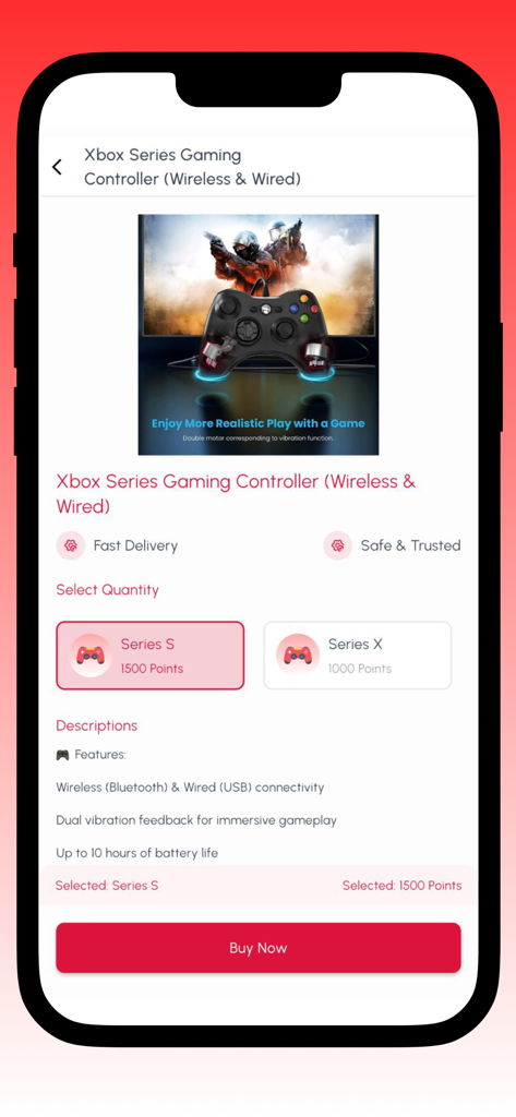 Product detail page for an Xbox Series gaming controller on the Roomzy mobile app showing features and buy now button