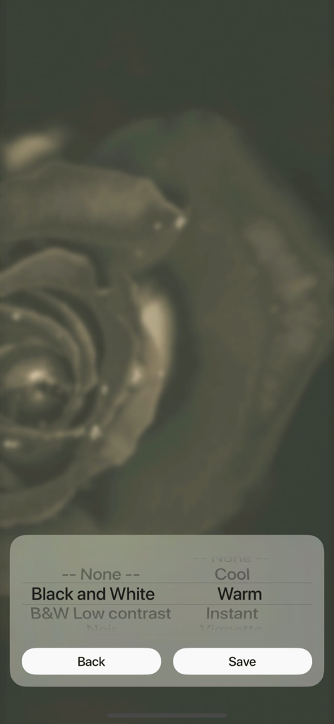 BlurMe - Blur wallpapers - Interface of BlurMe app showing a blurred flower background with filter selection options for black and white and warm tones.