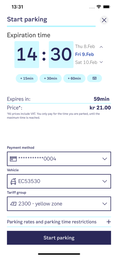 Bil i Oslo app start parking screen showing expiration time, price, and payment method.