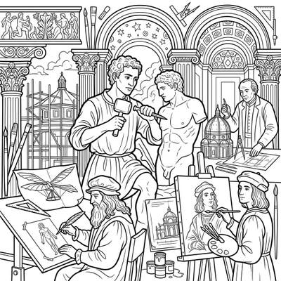 Unleash your inner artist with this captivating coloring page featuring iconic Renaissance masters hard at work. Teens will love bringing this detailed historical scene to life with their favorite colors.