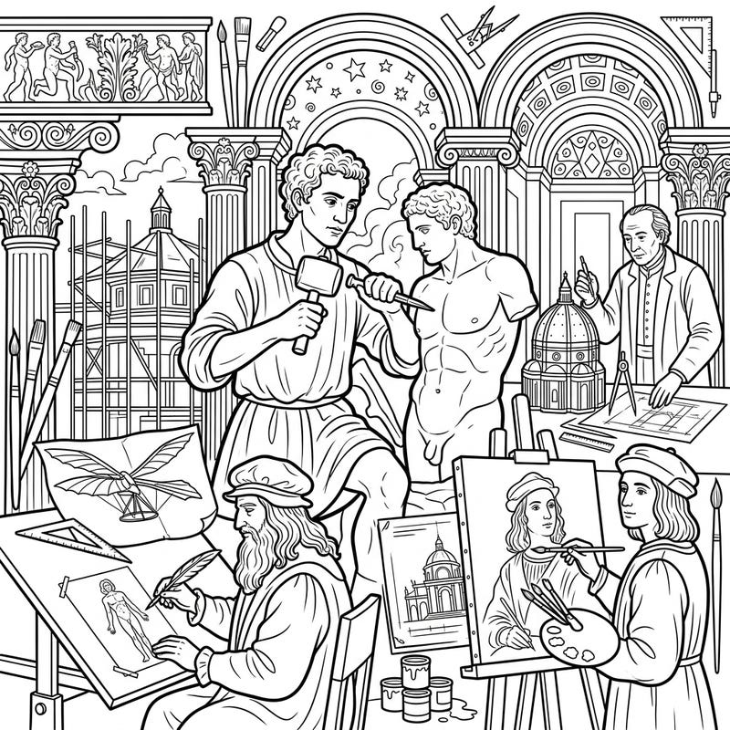 Unleash your inner artist with this captivating coloring page featuring iconic Renaissance masters hard at work. Teens will love bringing this detailed historical scene to life with their favorite colors.